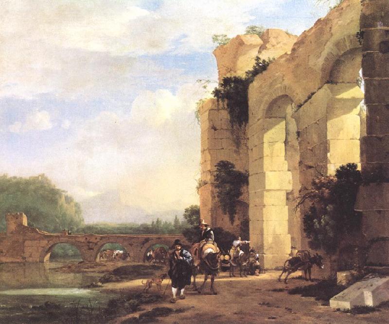 ASSELYN, Jan Italian Landscape with the Ruins of a Roman Bridge and Aqueduct cc oil painting image
